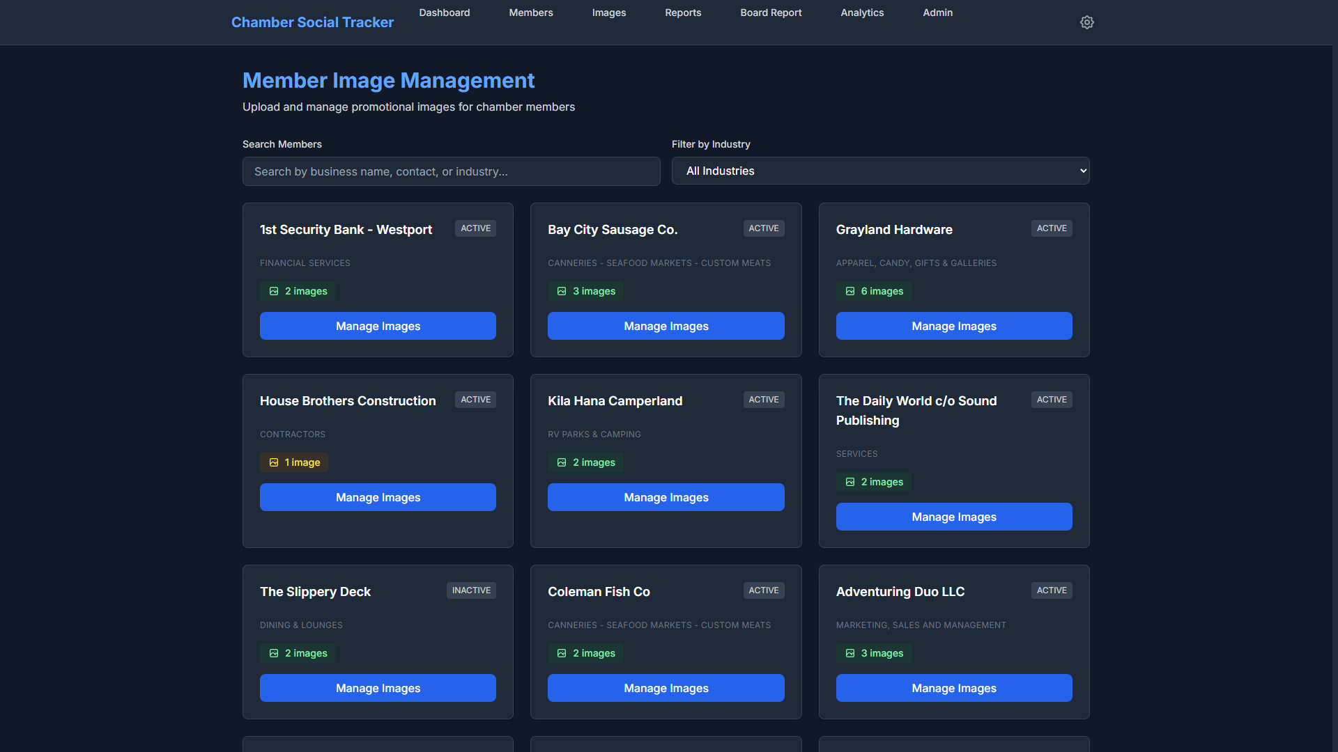 Member image management showing photo libraries for each business