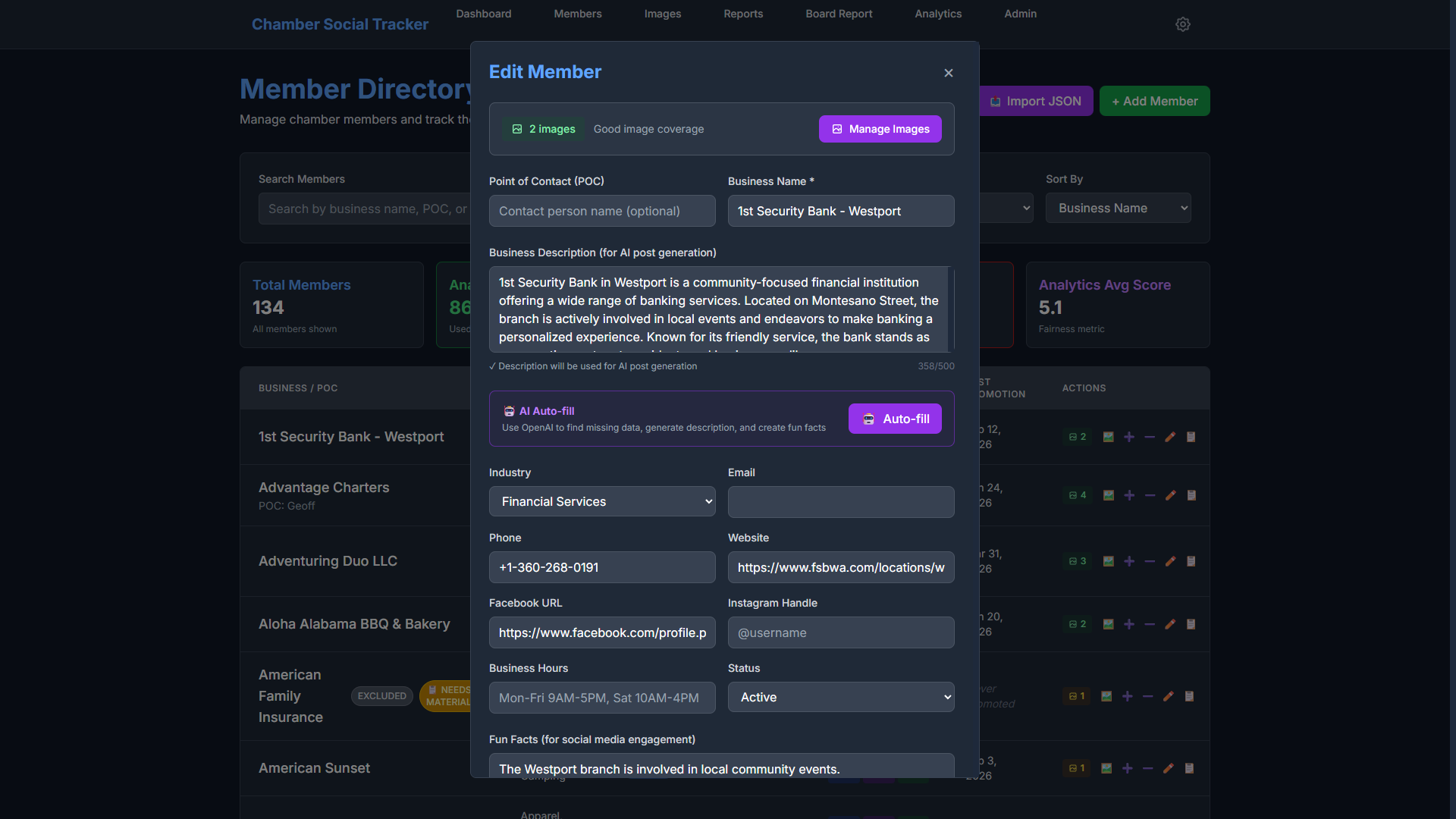 Edit Member modal showing the AI Auto-fill feature with one-click research and suggested fields for staff review